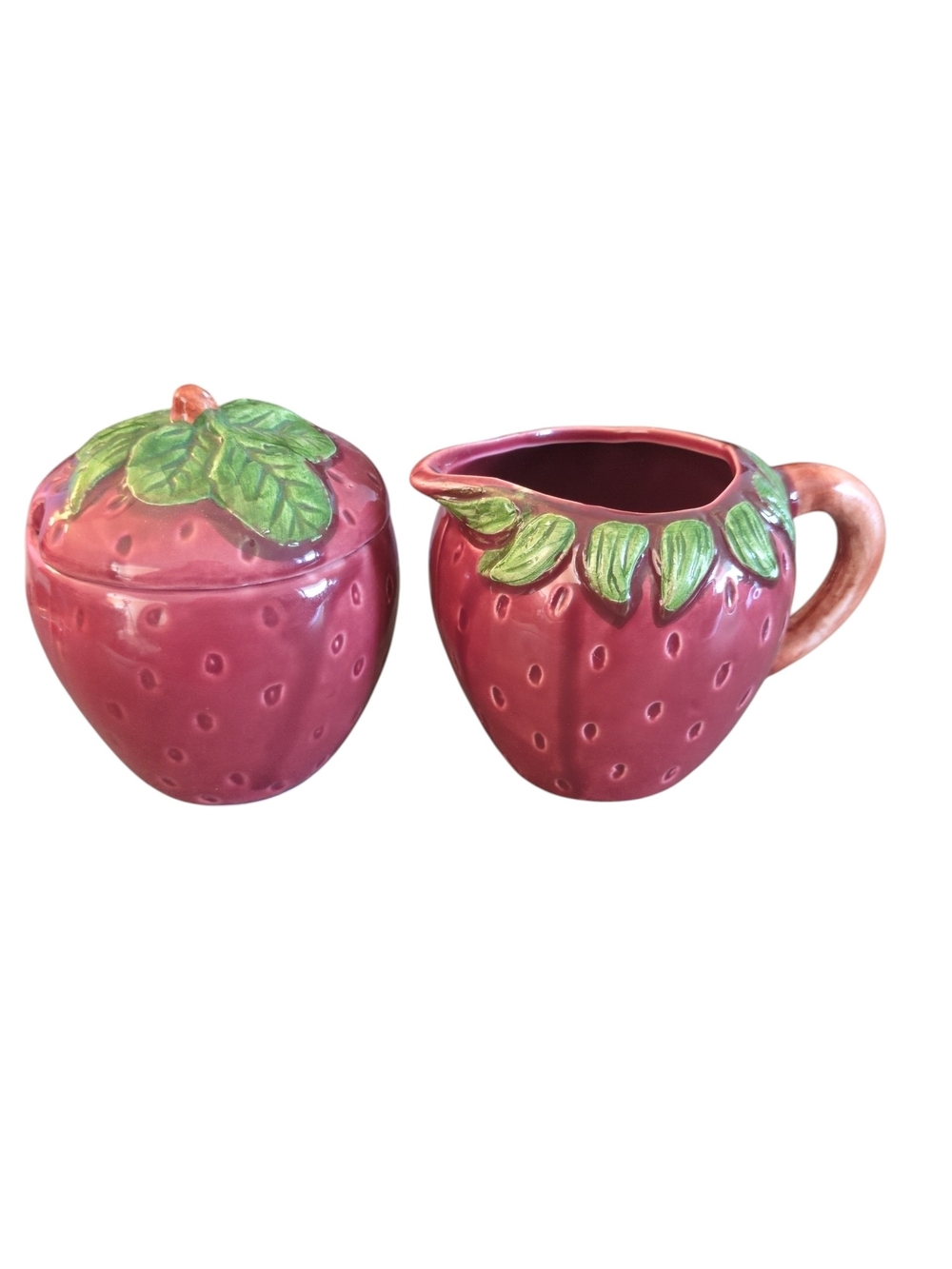 Strawberry Ceramic Sugar Bowl & Creamer Set - Pink with Green Leaves